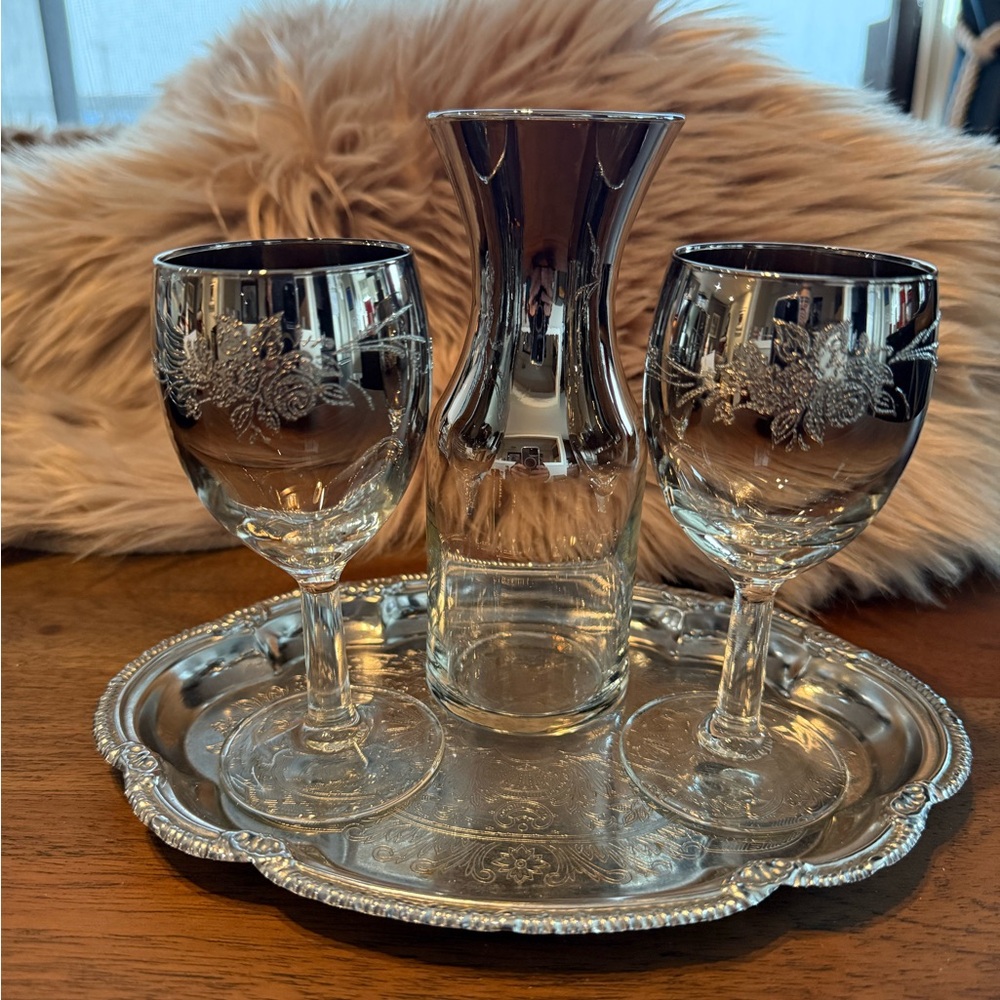 Elegant Silver Wine Glass Set with Carafe